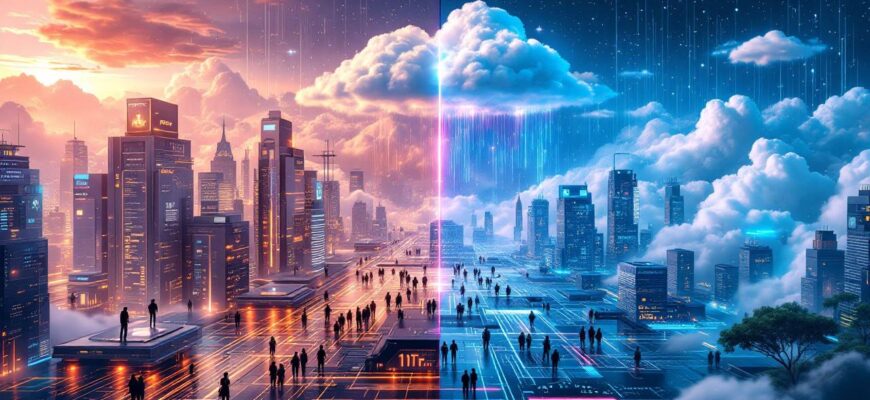 Цифровой пейзаж с двумя половинами: одна с интерфейсом AI ChatGPT, другая с облачной сетью.